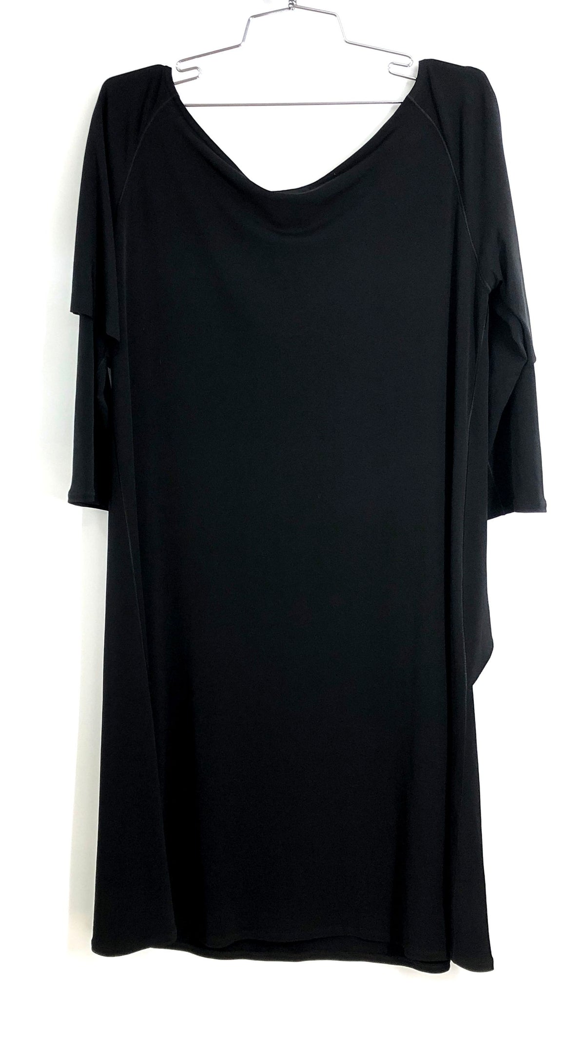 Eva Varro Women's Black Cascade Dress 3/4 Sleeve Wide Bateau Neck NWT Sz L