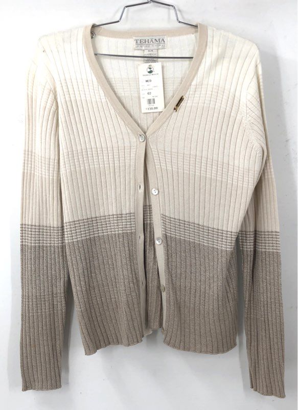 NWT Tehama Pebble Beach Women's Cardigan Sweater Cream Tan Colorblock M