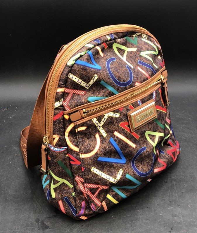 Calvin Klein Brown Multi-Color Graffiti Logo Mini Backpack Gold Hardware
