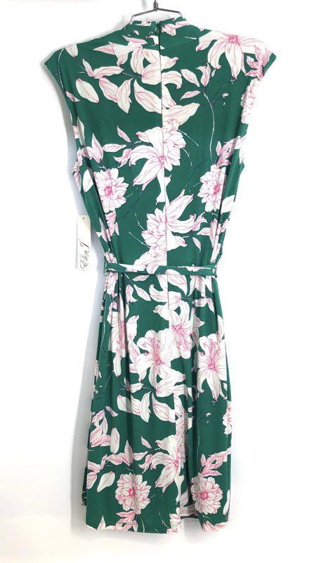 Eliza J Women's Green Floral Surplice Faux Wrap Tie Waist Dress Pink Sz 10 NWT