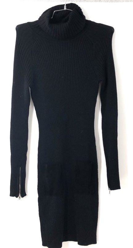 Milly Women's Black Ribbed Wool Knit Turtleneck Dress Suede Pockets Sz M