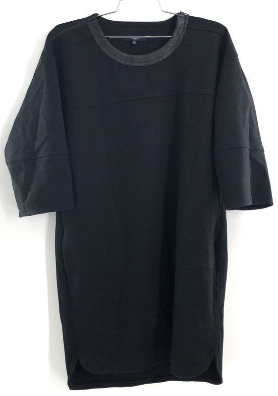 Madewell Women's Black Shift Dress Leather Trim Neckline 3/4 Sleeve Size M