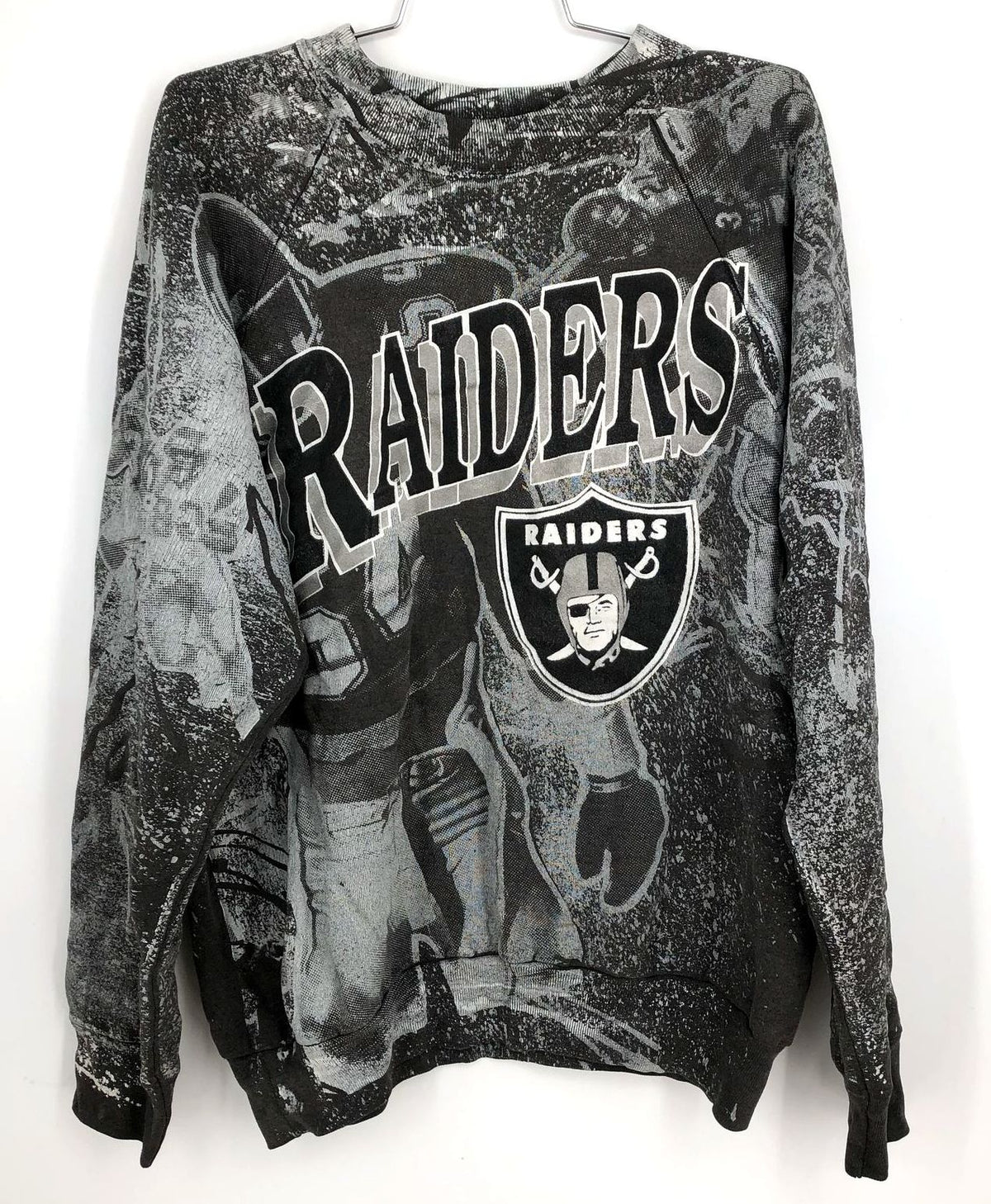 Vintage Oneita Oakland Raiders Football Grey/Black All-Over Print Sweater - XL