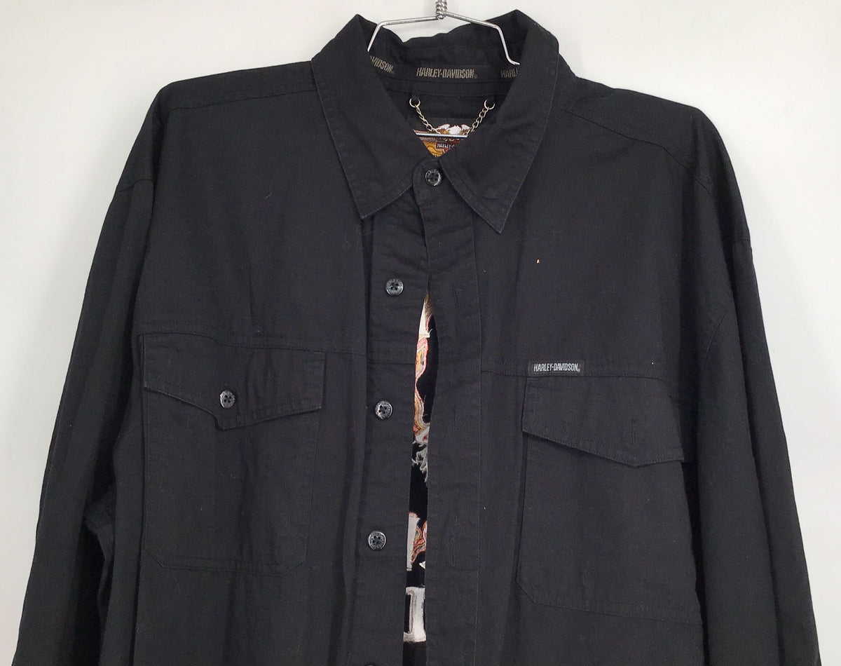 Vintage Harley-Davidson Men&#39;s Black Cotton Long Sleeve Button-Up Shirt - Size XL