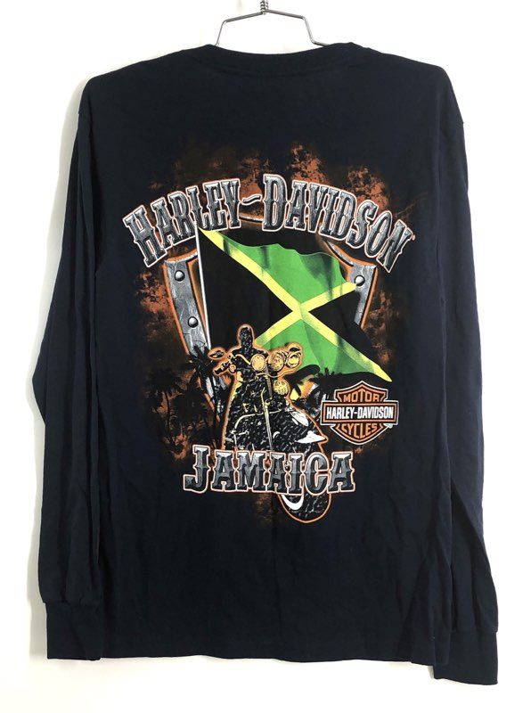 Harley-Davidson Jamaica Motorcycle Long Sleeve Pocket T-Shirt Navy Blue Sz S