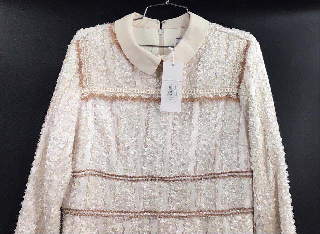 LunaLuna Women's Cream Brushed Lines Lace Midi Dress Long Sleeve NWT Size 50