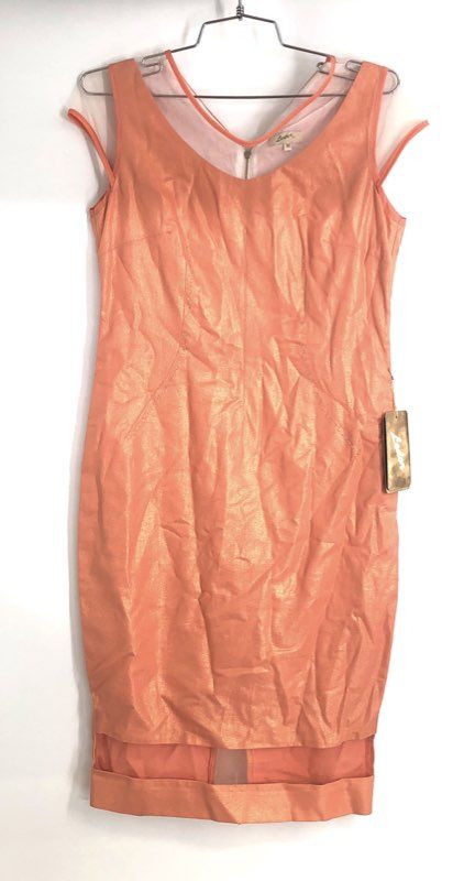 Ledar Women's Morella Sheath Dress Peach Metallic Linen Mesh Trim NWT Sz M