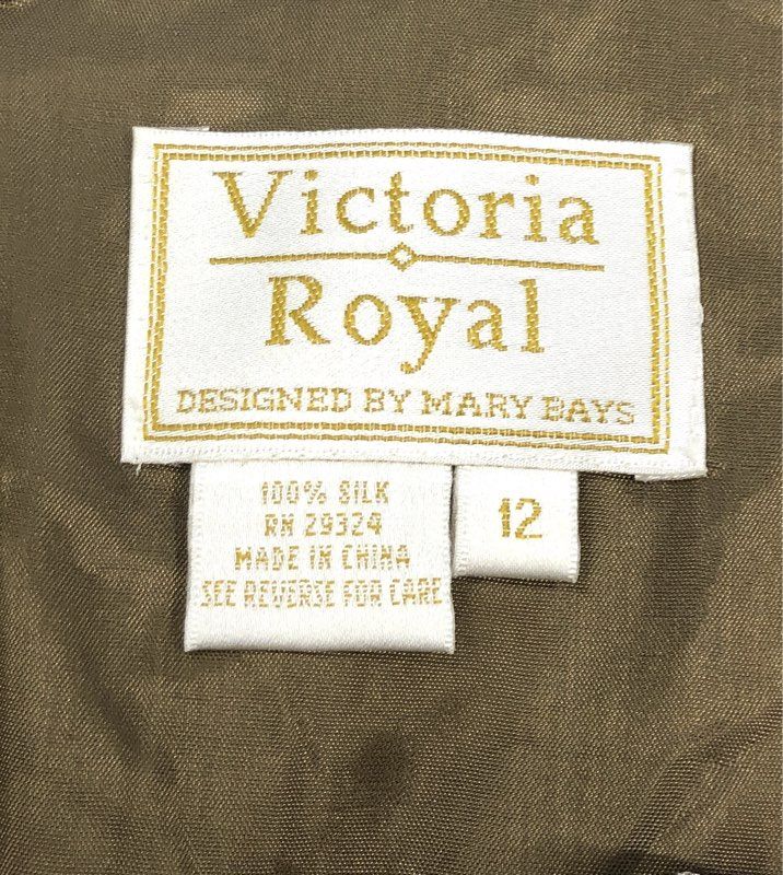 Vintage 90s Victoria Royal Women's Brown Silk Beaded Feather Gown Dress Sz 12