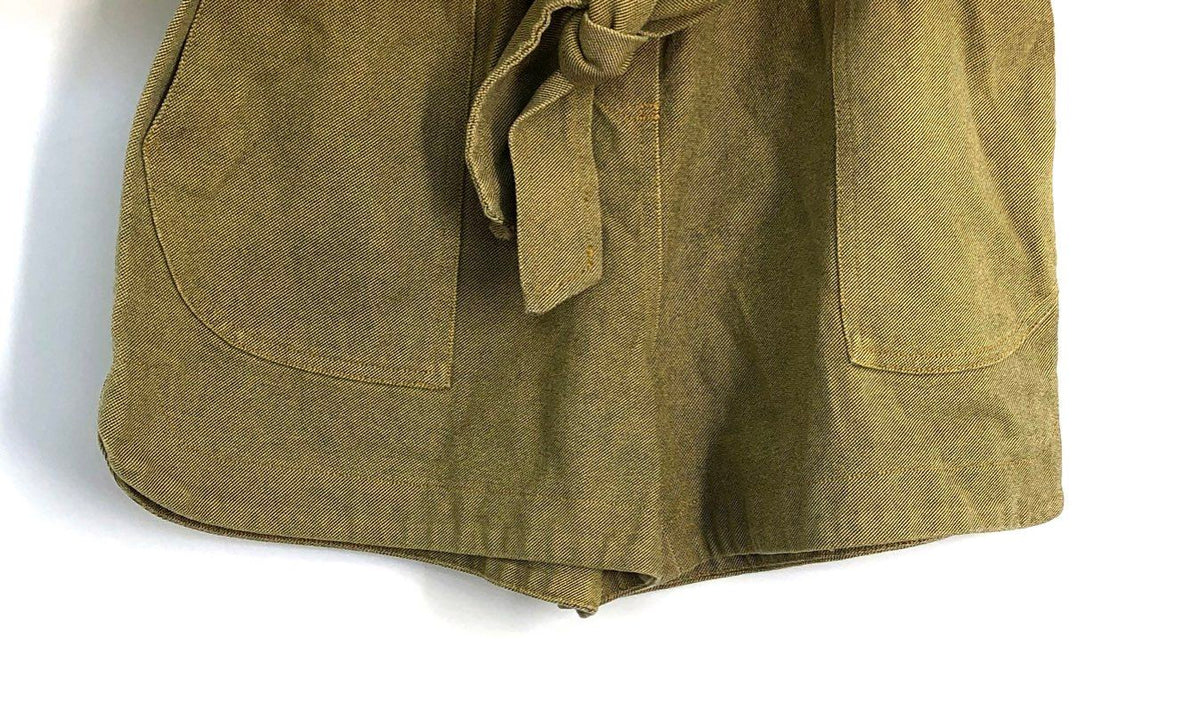 FRNCH Women's Paperbag Waist Belted Shorts Mustard Olive Cotton Twill Sz S