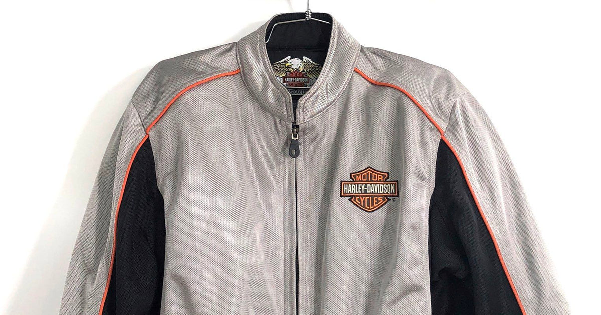Harley-Davidson Silver Mesh Riding Jacket Orange Piping Bar & Shield Sz L
