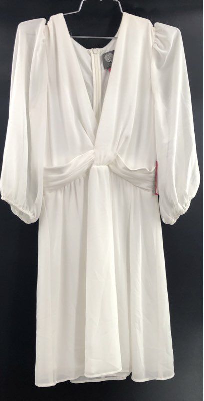 Vince Camuto Women's White V-Neck Twisted Knot Waist Puff Sleeve Dress Size 6