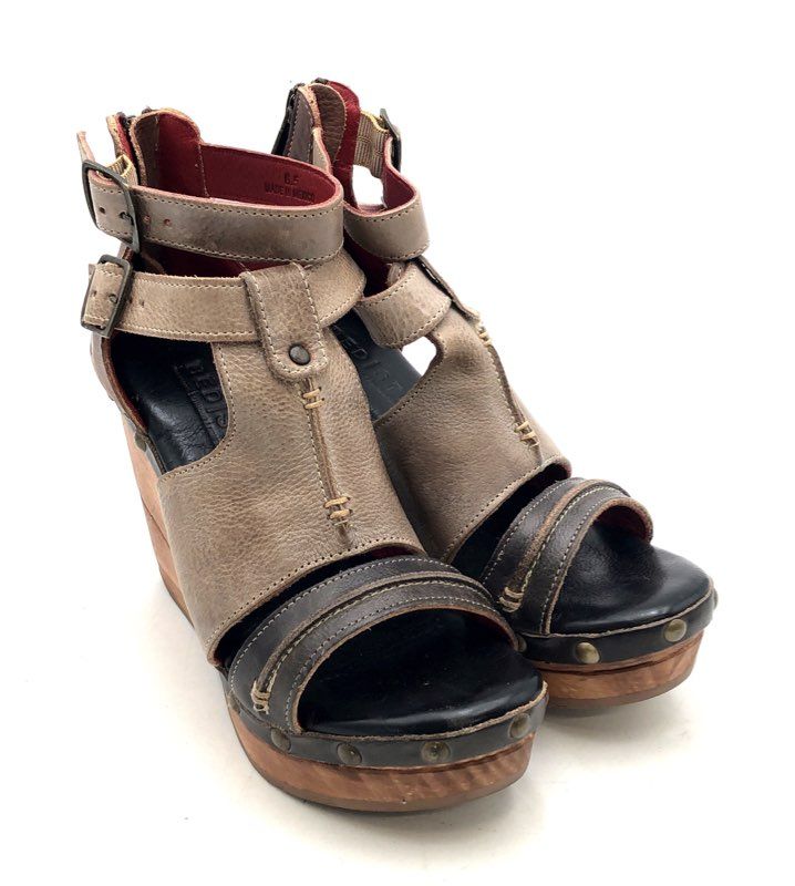 Bed Stu Tan Brown Leather Studded Multi-Strap Wedge Sandals Size 6.5
