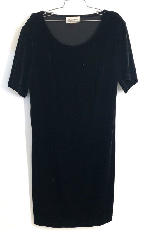 Vintage Betsy's Things 90s Black Velvet Short Sleeve Dress Made USA Sz 16
