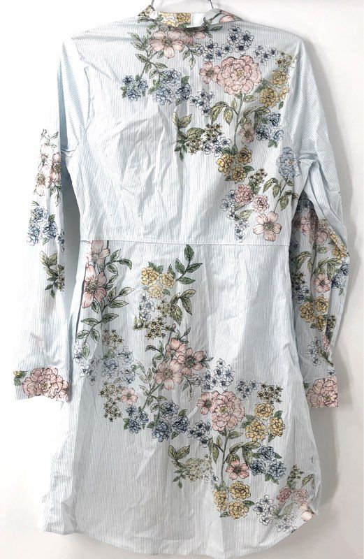 Kaari Blue Women's NWT Shirt Dress Blue White Floral Striped Tie Front Size S