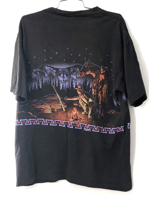 Vintage 1992 Habitat Cowboy Wolf Campfire T-Shirt Single Stitch Made in USA Sz L