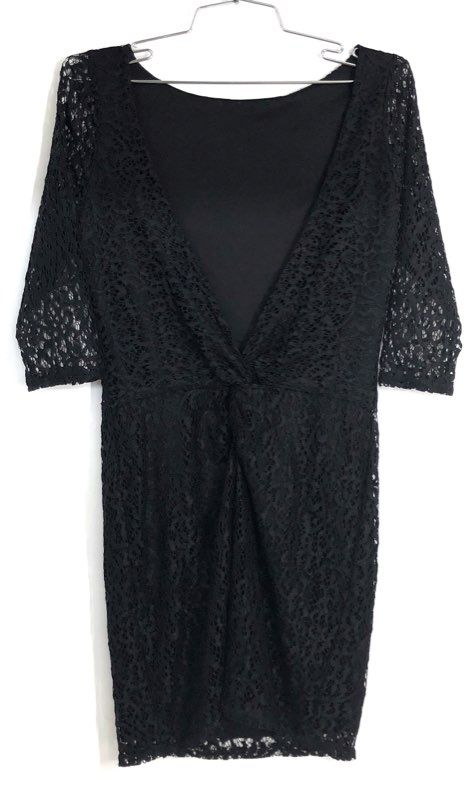 ASOS Women's Black Lace Draped Twist Front 3/4 Sleeve Sheath Dress Size 6