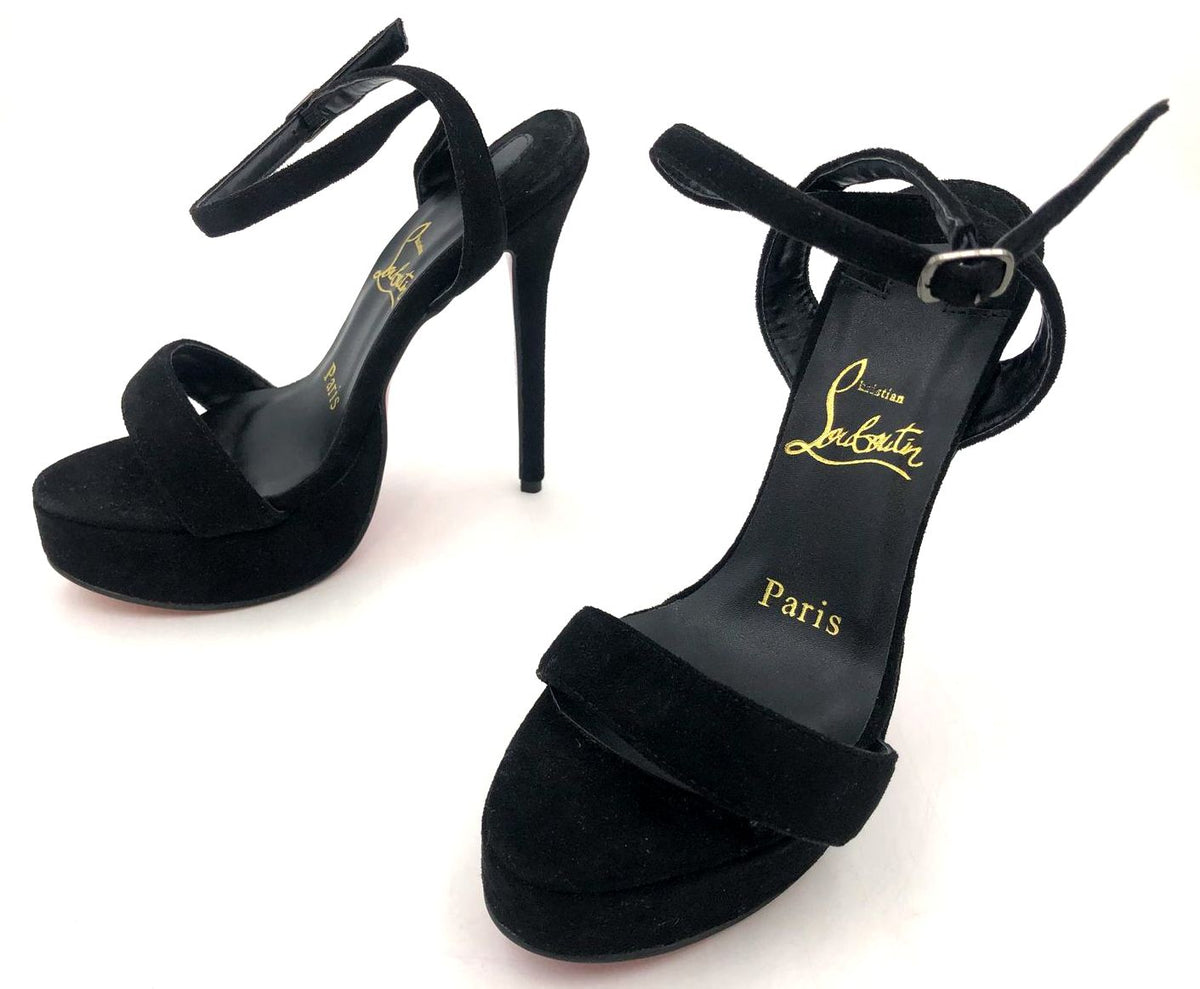 Christian Louboutin Inspired Women's Black Velvet Red-Sole Heels - Size 35