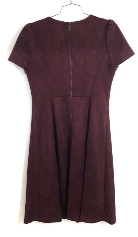 Calvin Klein Women's Burgundy Faux Suede Puff Sleeve Fit Flare Dress Sz 10