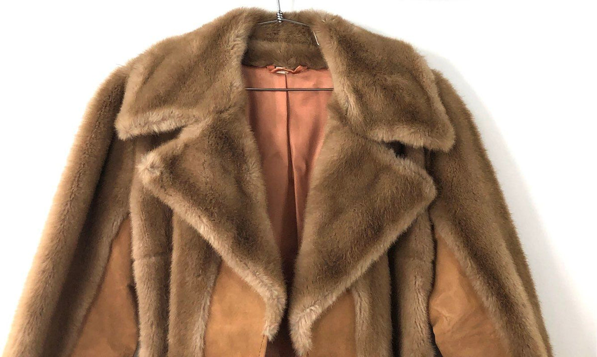 Vintage 70s Lilli Ann Women's Penny Lane Faux Fur Suede Belted Coat Sz S