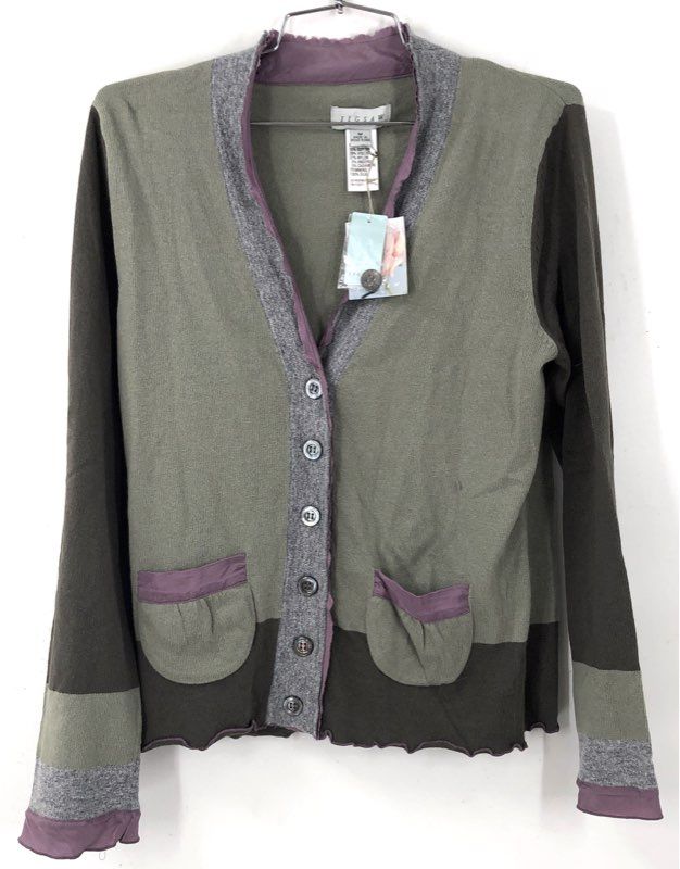 Jigsaw Women's NWT Y2K Patchwork Cardigan Sweater Green Brown Silk Trim Size M