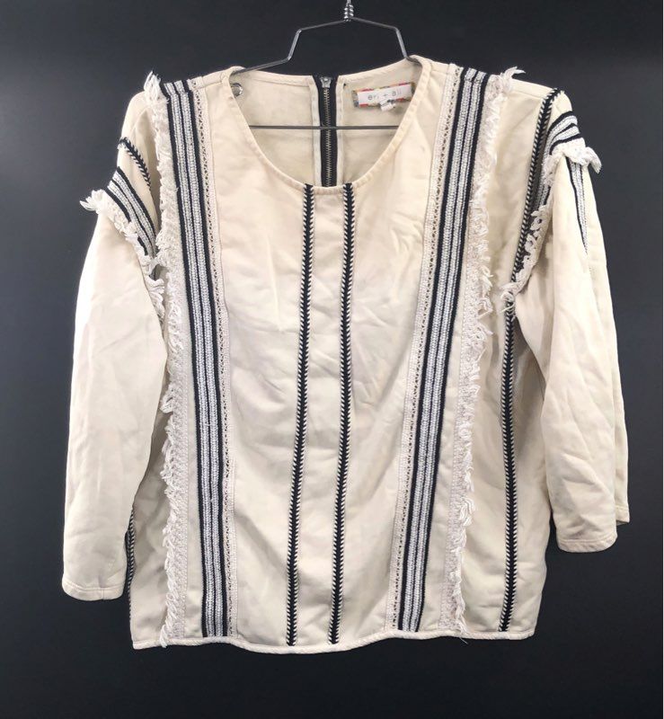 Eri + Ali Anthropologie Women's Cream Black Embroidered Fringe Sweatshirt Sz M