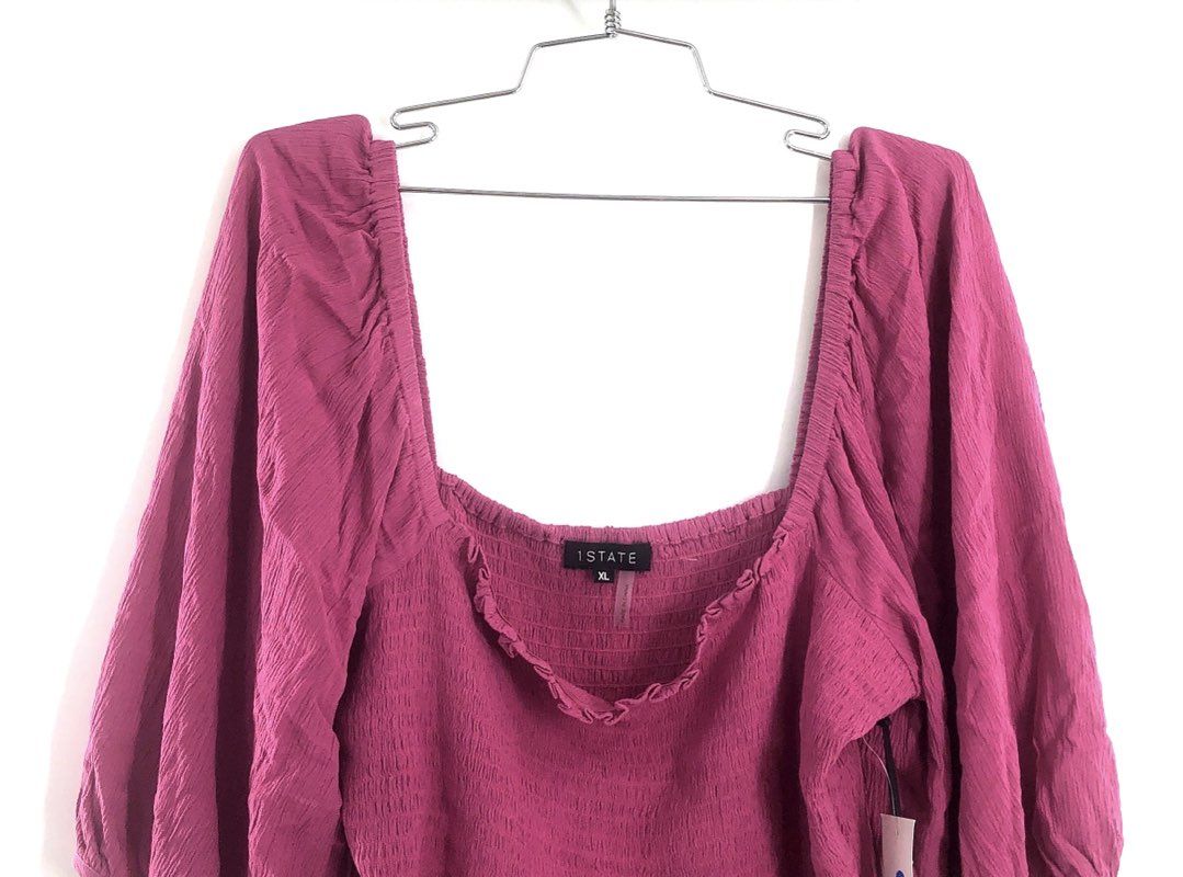 1.STATE Women's Pink Smocked Square Neck Balloon Sleeve Rayon Blouse NWT Sz XL