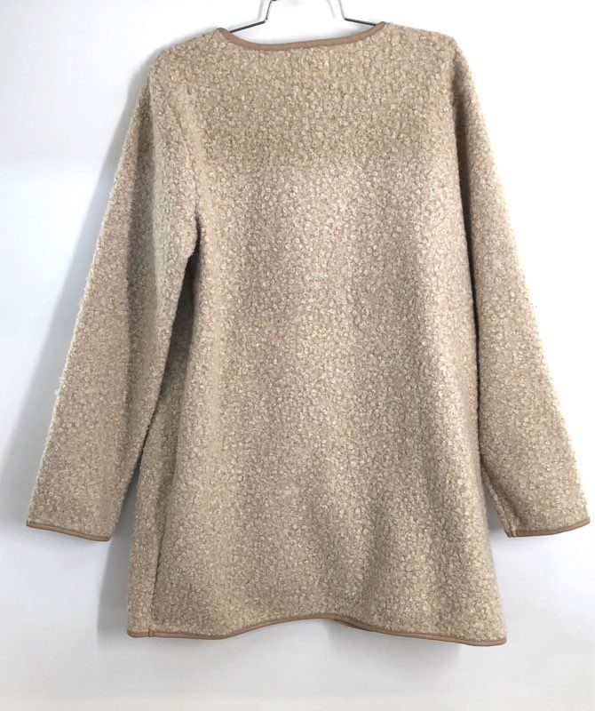 Stylus Women's Beige Boucle Faux Leather Trim Open Front Topper Coat Sz L