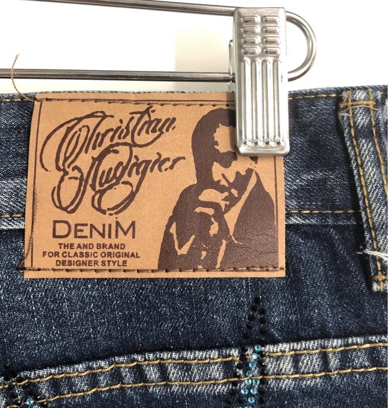 Christian Audigier Men's Dark Wash Liberty Head Rhinestone Wide Leg Jeans Size L