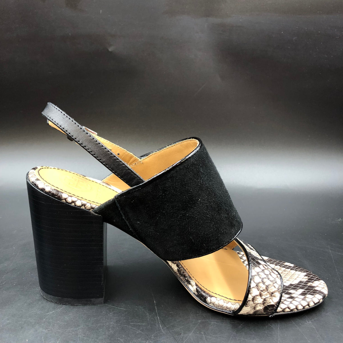 Tory Burch Black Suede Snakeskin Block Heel Sandals Size 7 COA