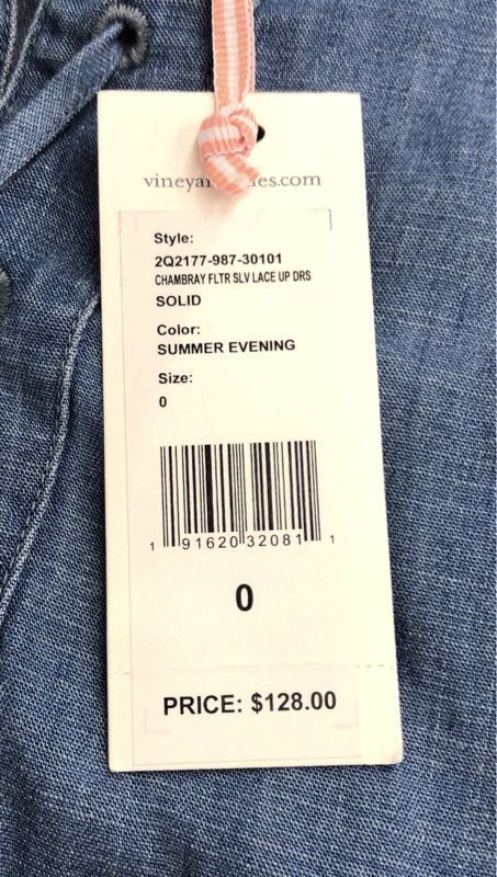 Vineyard Vines Women's Chambray Flutter Sleeve Lace-Up Dress Blue NWT Sz 0