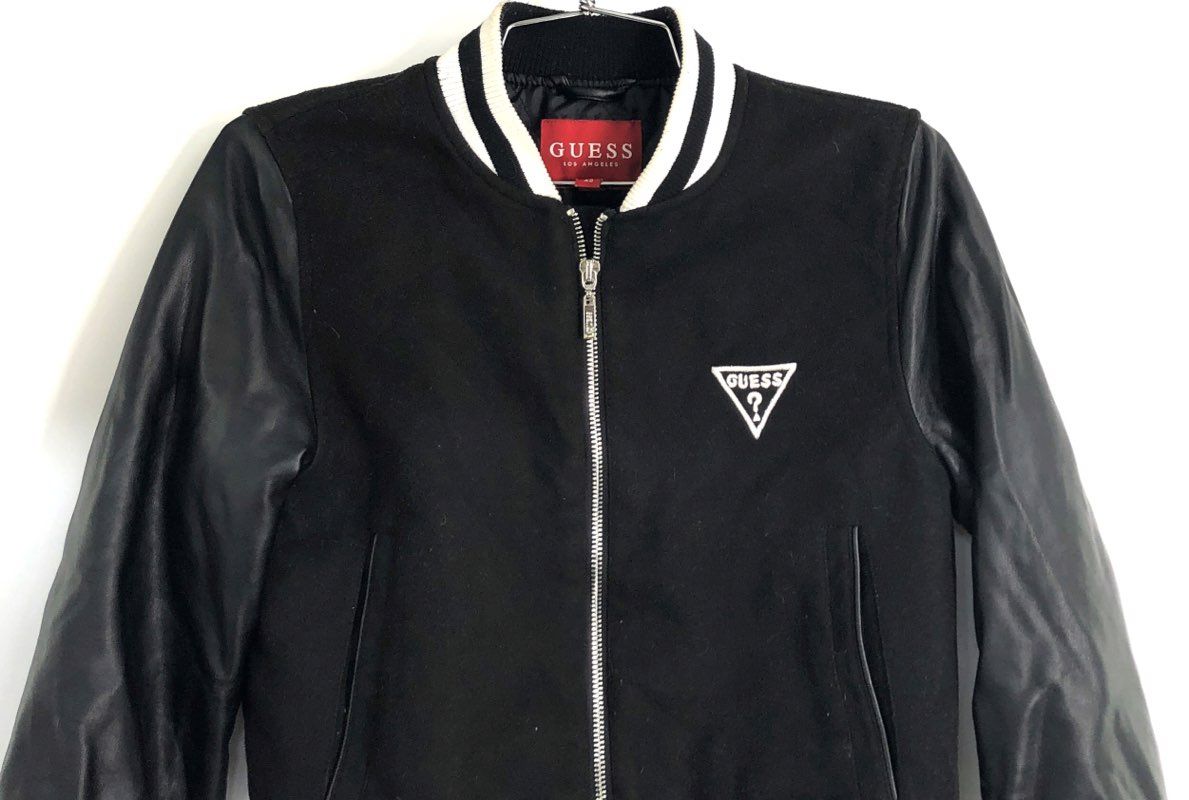 Guess Women's Black Varsity Bomber Jacket Faux Leather Sleeves Logo Back Sz XS