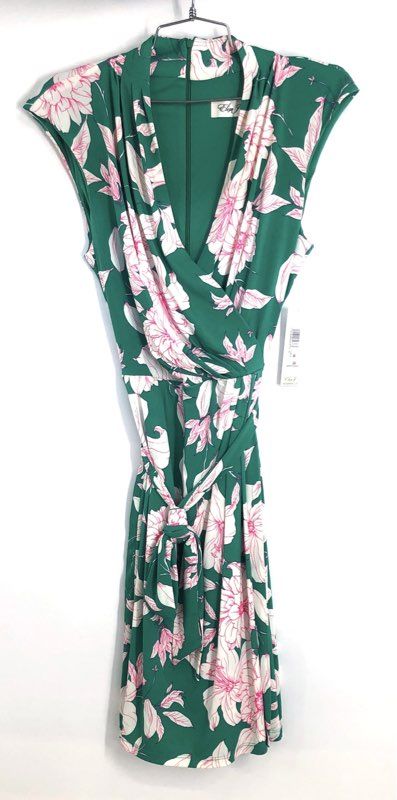 Eliza J Women's Green Floral Surplice Faux Wrap Tie Waist Dress Pink Sz 10 NWT