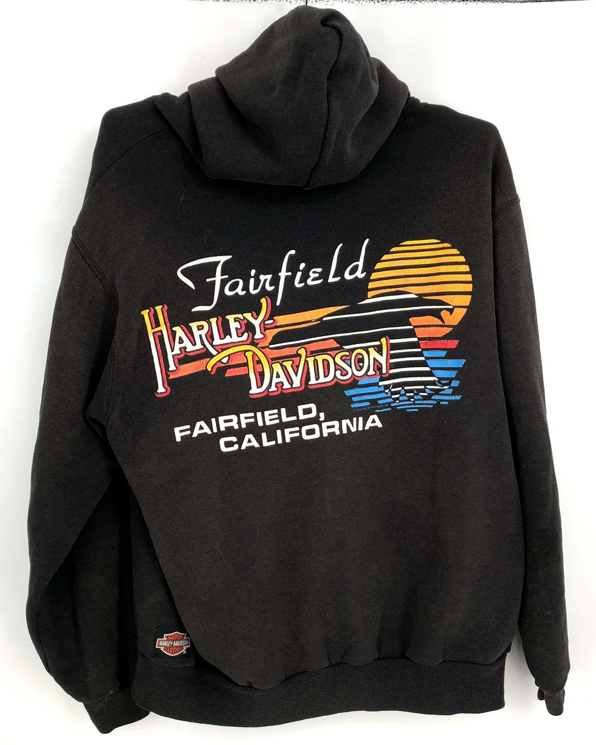 Vintage 1986 Harley-Davidson Fairfield, CA Black Front/Back Print Zip Hoodie - L