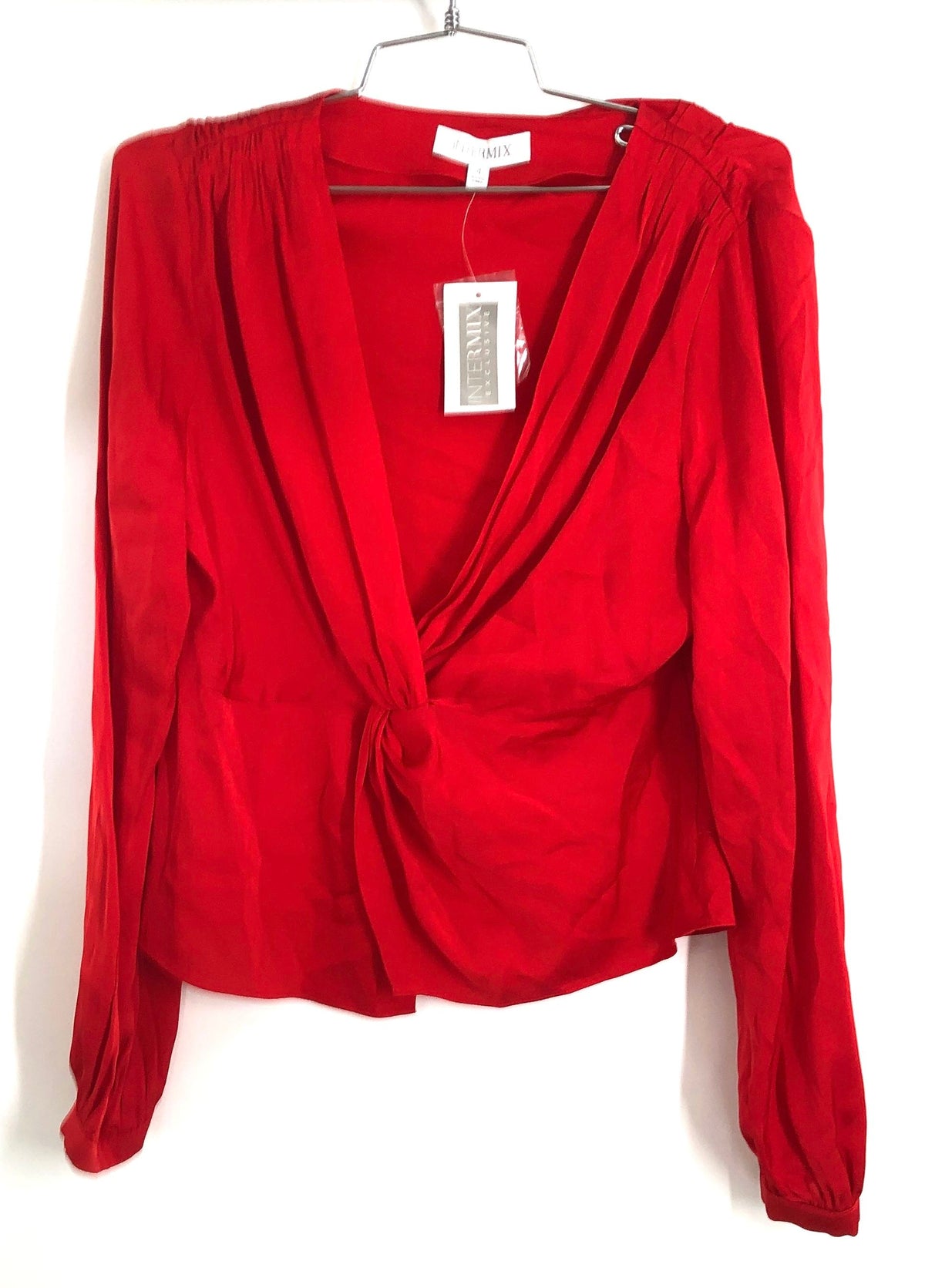 Intermix Women's Dawn Knot Front Silk Blouse Red Coral Deep V-Neck NWT Sz 4