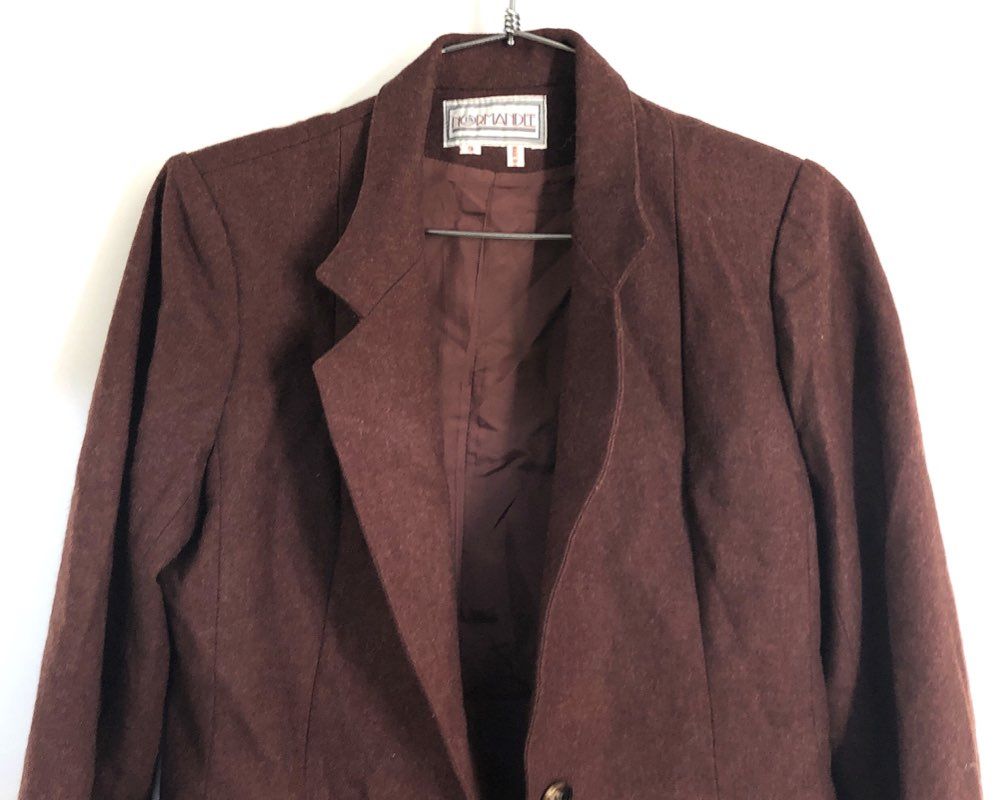Vintage 80s Normandee Women's Brown Wool Blend Two Button Blazer Jacket Sz 9