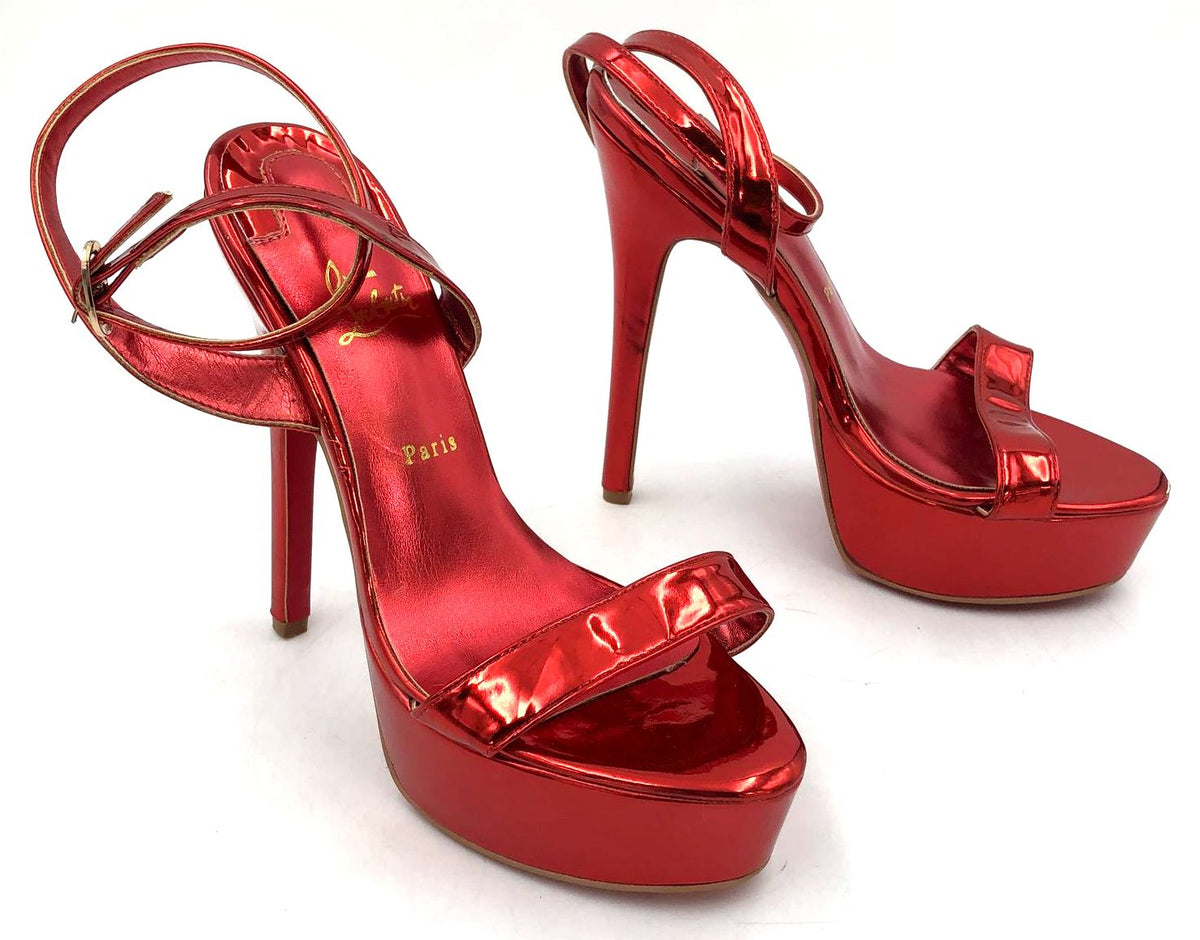 Christian Louboutin Inspired Women's Metallic Ruby Red Strappy Heels - Size 35