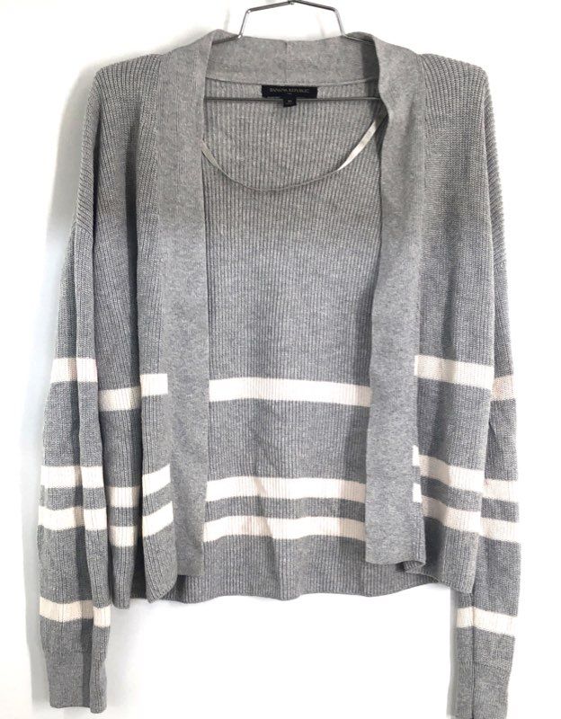 Banana Republic Women's Gray White Striped Ribbed Open Front Cardigan Sz M