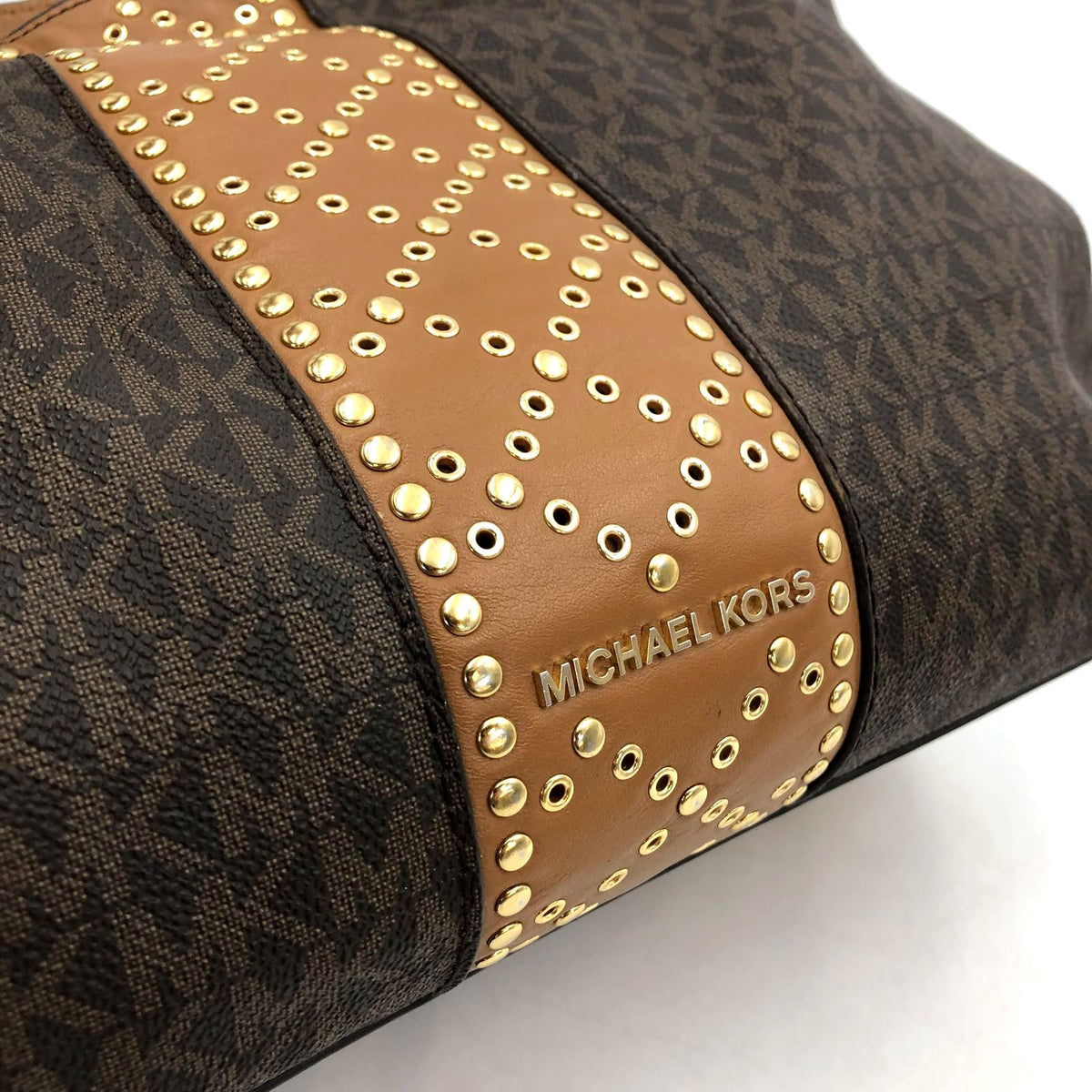 Michael Kors 'Raven' Signature Print Shoulder Bag w/ Leather Trim & Studs (+COA)