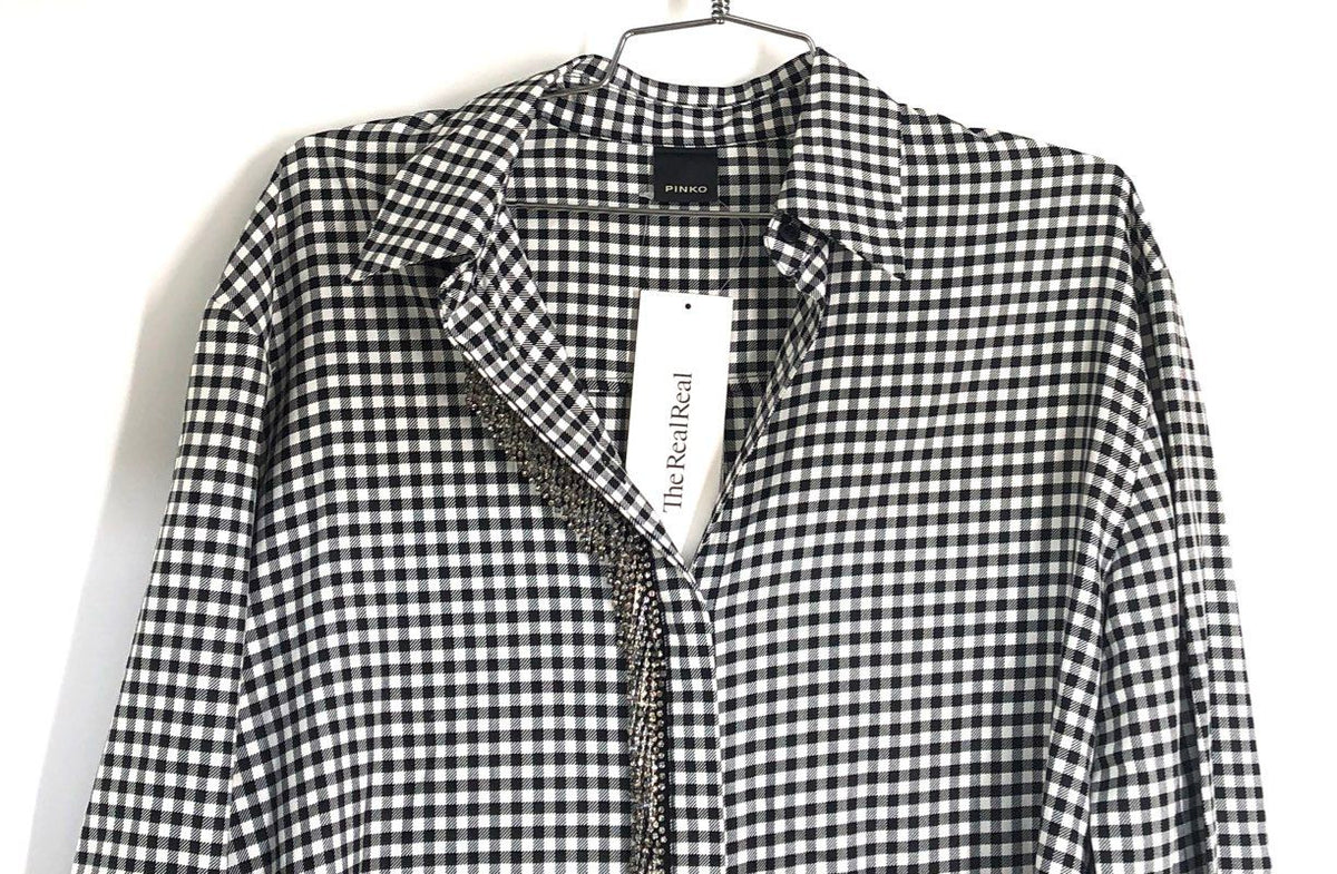 Pinko Women's Gingham Check Long Sleeve Embellished Blouse Black White Sz 4 NWT