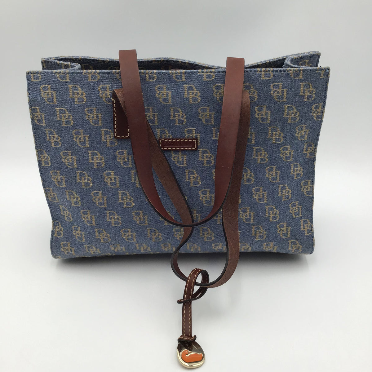 Authentic Dooney &amp; Bourke Women&#39;s Blue Gold Signature Print Luxury Tote Bag-COA