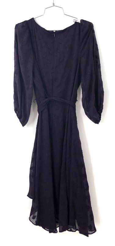 DKNY Women's Purple Metallic Clip Dot Bishop Sleeve Tie Waist Dress NWT Size 8