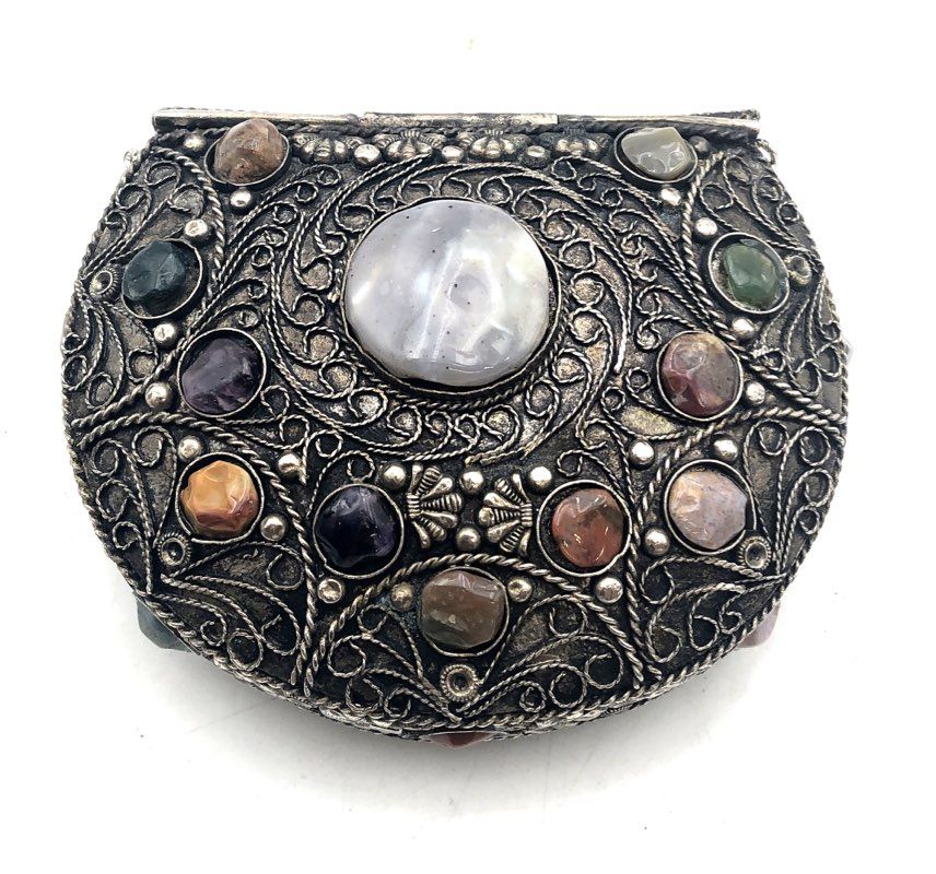 Vintage Sajai Handcrafted Metal Filigree Multi-Stone Evening Bag Crossbody