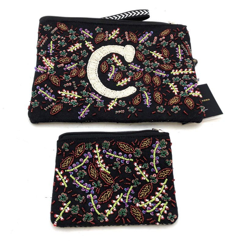 America & Beyond Black Beaded Initial C Wristlet Clutch Bag Coin Purse NWT Lot