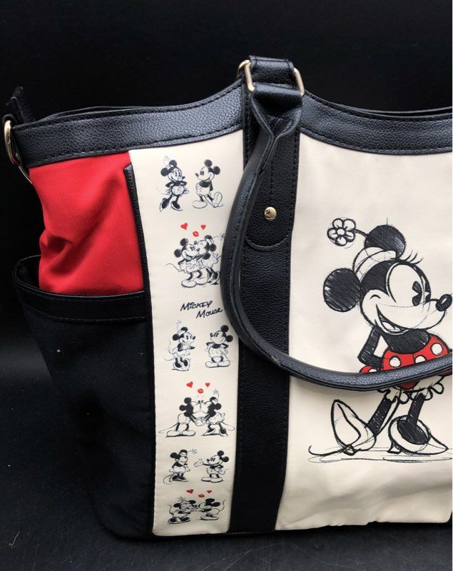 Disney Mickey & Minnie Mouse Sketch Tote Bag Black Red Canvas Shoulder Bag