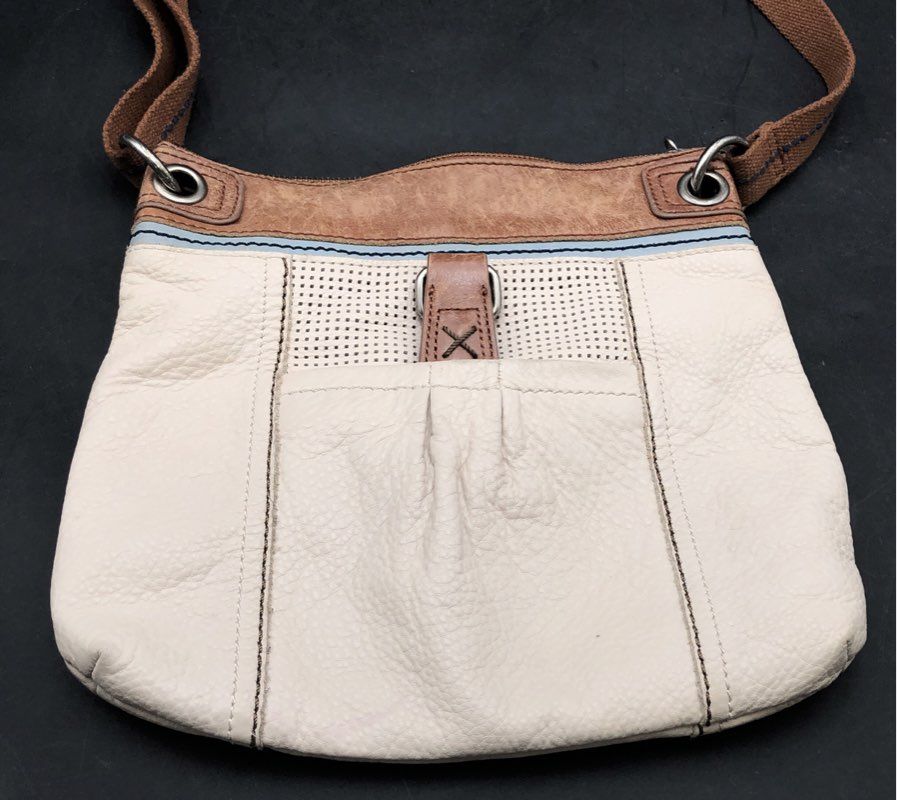 The Sak Cream Pebbled Leather Crossbody Bag Brown Trim Adjustable Canvas Strap