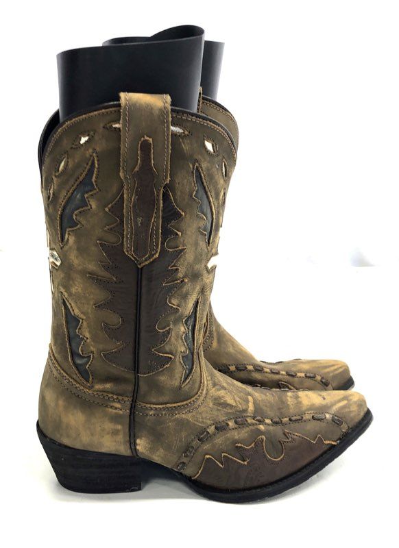 Dan Post DPC-3121 Distressed Brown Cross Inlay Youth Western Boots 4.5