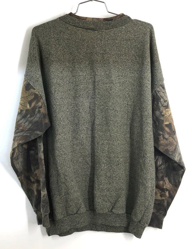 Vintage 90s Artisans Men's Green Deer Buck Camo Sleeve Sweatshirt Made USA