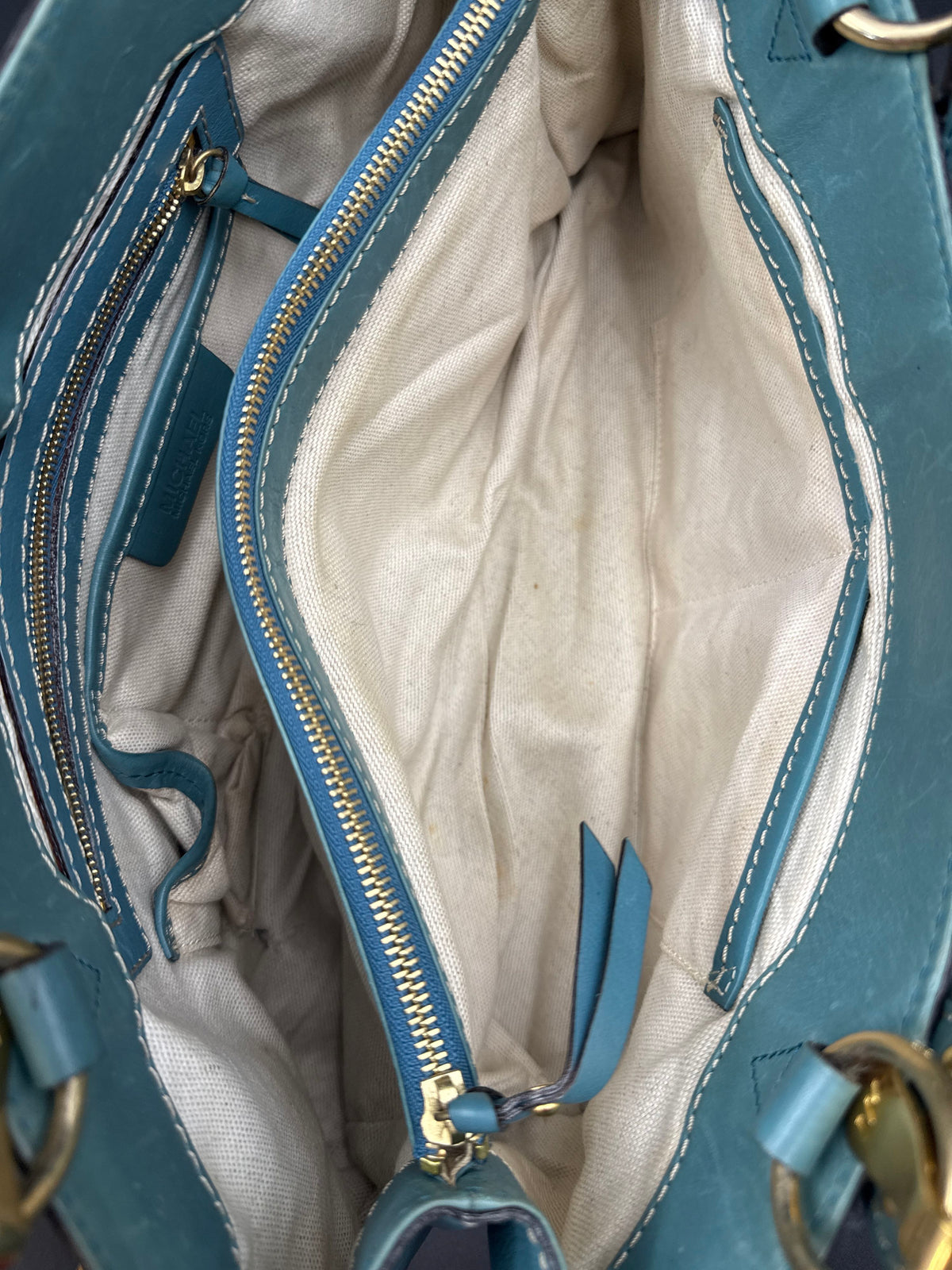 Michael Kors Blue Leather Studded Satchel Shoulder Bag Gold Hardware COA