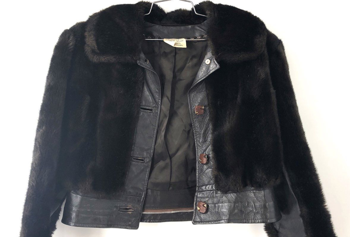 Vintage 70s Israeli Women's Faux Fur & Leather Cropped Moto Jacket Brown Sz L