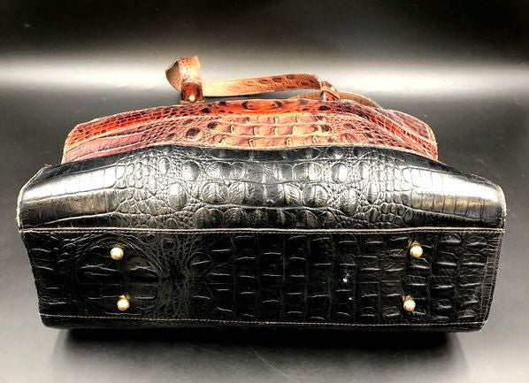 Brahmin Vintage Brown Black Croc Embossed Leather Tote Bag COA